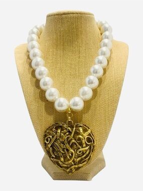 Yochi White Pearl Necklace with Gold Heart Pendant - Women Jewelry